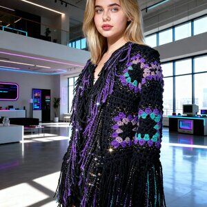 Granny Square Boho Inspired Super Fringe Black Purple Greens L/XL